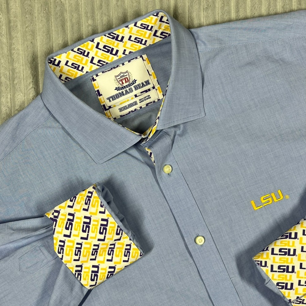 LSU Tigers Collegiate Button Up‎ Shirt Mens 2XL Flip Cuffs University Prep *Flaw